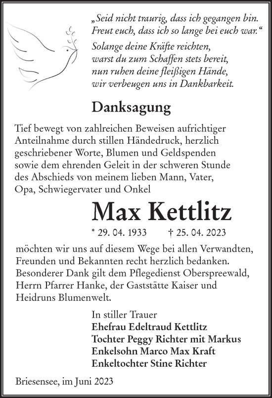 Traueranzeige von Max Kettlitz von Lausitzer Rundschau