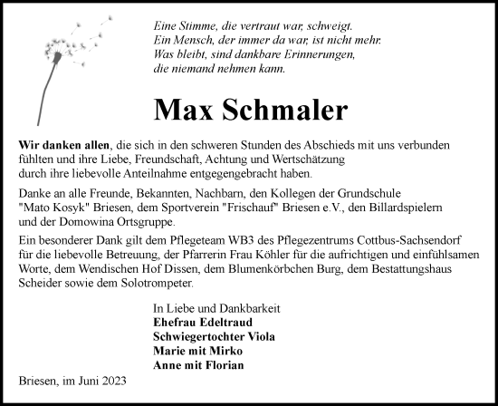 Traueranzeige von Max Schmaler von Lausitzer Rundschau