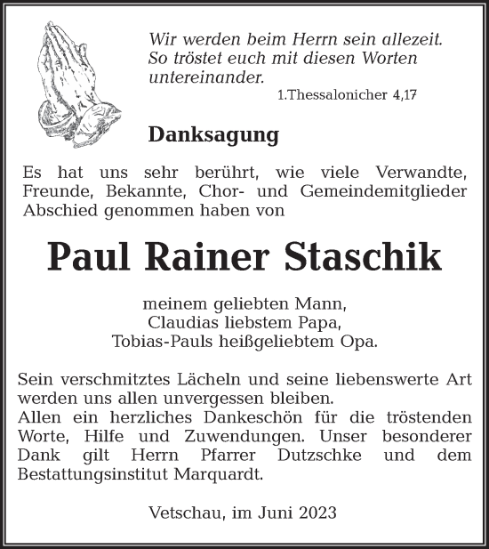 Traueranzeige von Paul Rainer Staschik von Lausitzer Rundschau