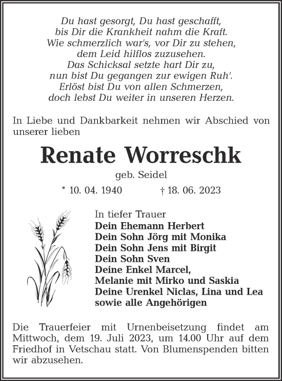 Traueranzeige von Renate Worreschk von Lausitzer Rundschau