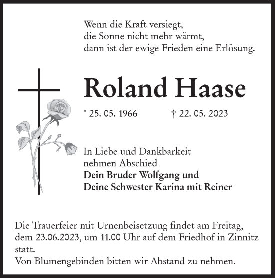 Traueranzeige von Roland Haase von Lausitzer Rundschau