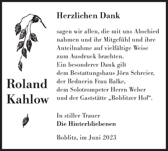 Traueranzeige von Roland Kahlow von Lausitzer Rundschau