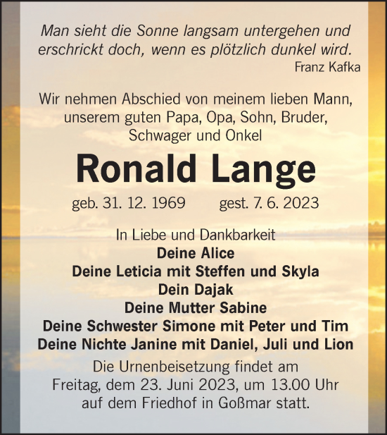 Traueranzeige von Ronald Lange von Lausitzer Rundschau