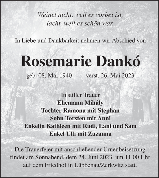 Traueranzeige von Rosemarie Danko von Lausitzer Rundschau