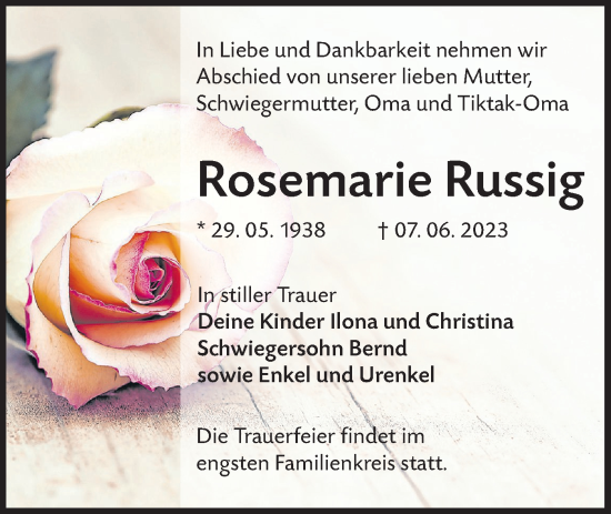 Traueranzeige von Rosemarie Russig von Lausitzer Rundschau