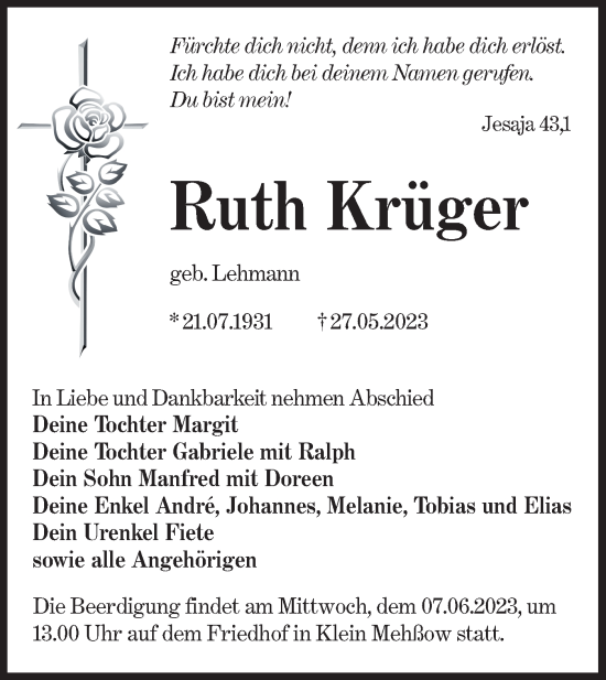 Traueranzeige von Ruth Krüger von Lausitzer Rundschau