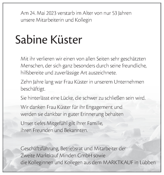 Traueranzeige von Sabine Küster von Lausitzer Rundschau