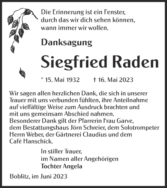 Traueranzeige von Siegfried Raden von Lausitzer Rundschau