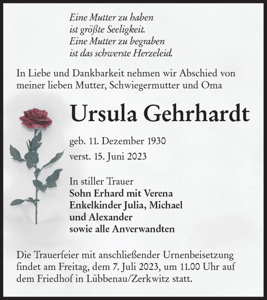 Traueranzeige von Ursula Gehrhardt von Lausitzer Rundschau