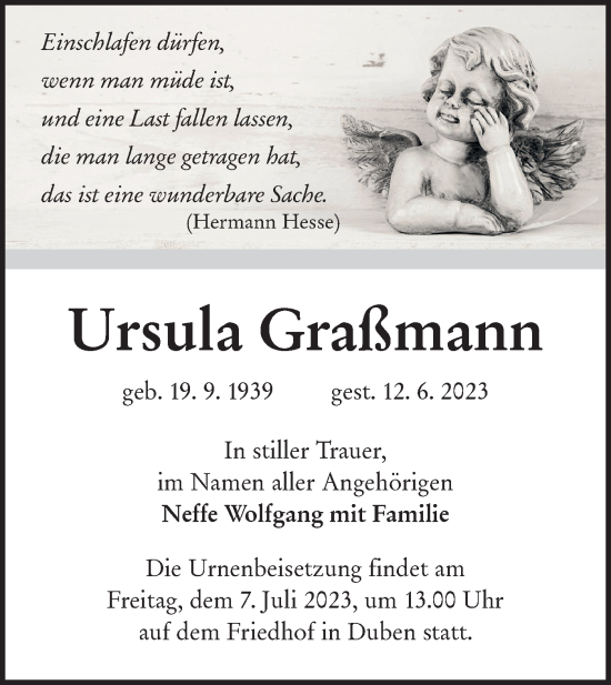 Traueranzeige von Ursula Graßmann von Lausitzer Rundschau