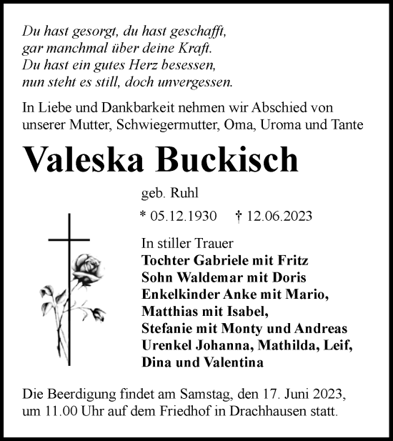 Traueranzeige von Valeska Buckisch von Lausitzer Rundschau