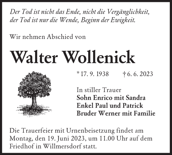 Traueranzeige von Walter Wollenick von Lausitzer Rundschau