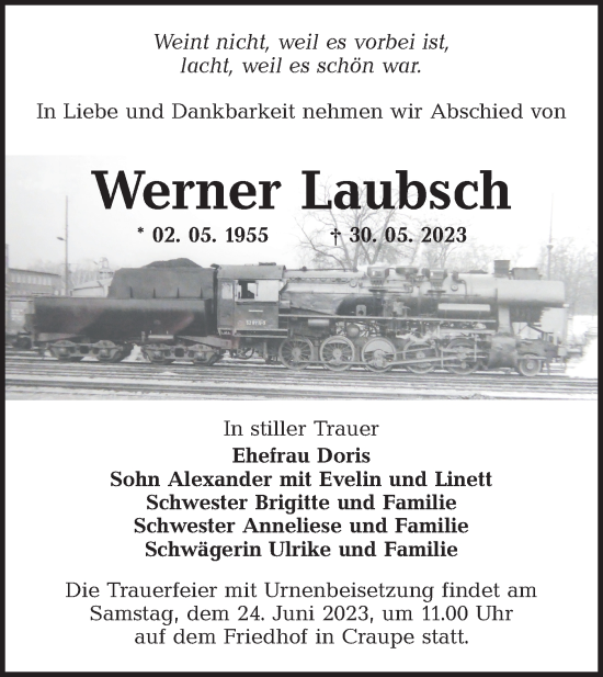 Traueranzeige von Werner Laubsch von Lausitzer Rundschau