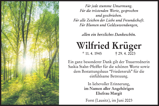 Traueranzeige von Wilfried Krüger von Lausitzer Rundschau