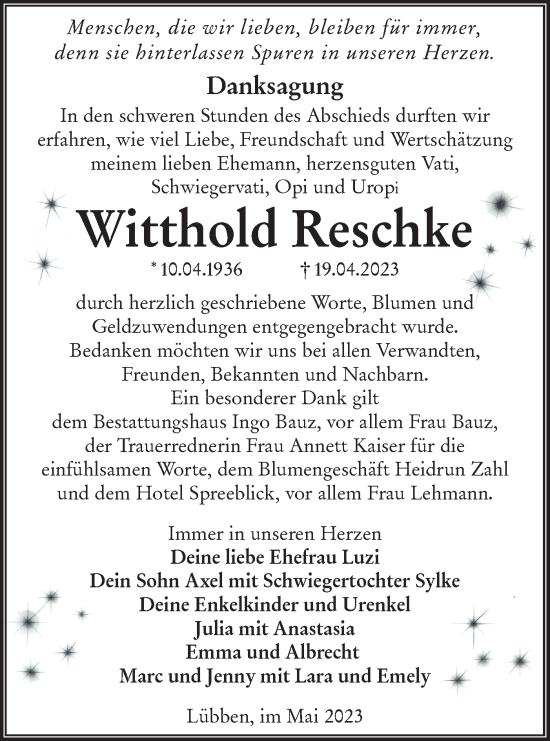 Traueranzeige von Witthold Reschke von Lausitzer Rundschau