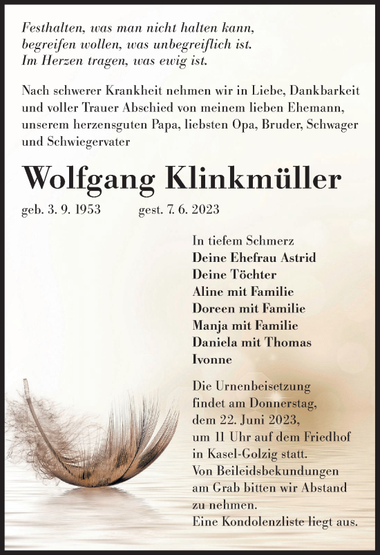 Traueranzeige von Wolfgang Klinkmüller von Lausitzer Rundschau