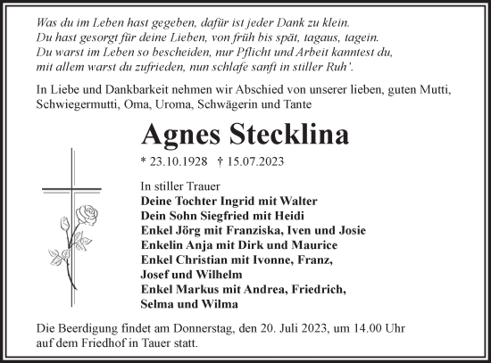 Traueranzeige von Agnes Stecklina von Lausitzer Rundschau