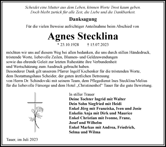 Traueranzeige von Agnes Stecklina von Lausitzer Rundschau