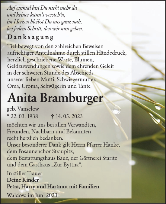 Traueranzeige von Anita Bramburger von Lausitzer Rundschau