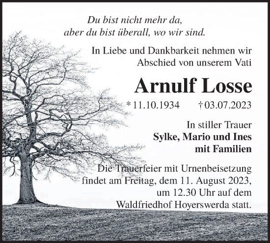 Traueranzeige von Arnulf Losse von Lausitzer Rundschau