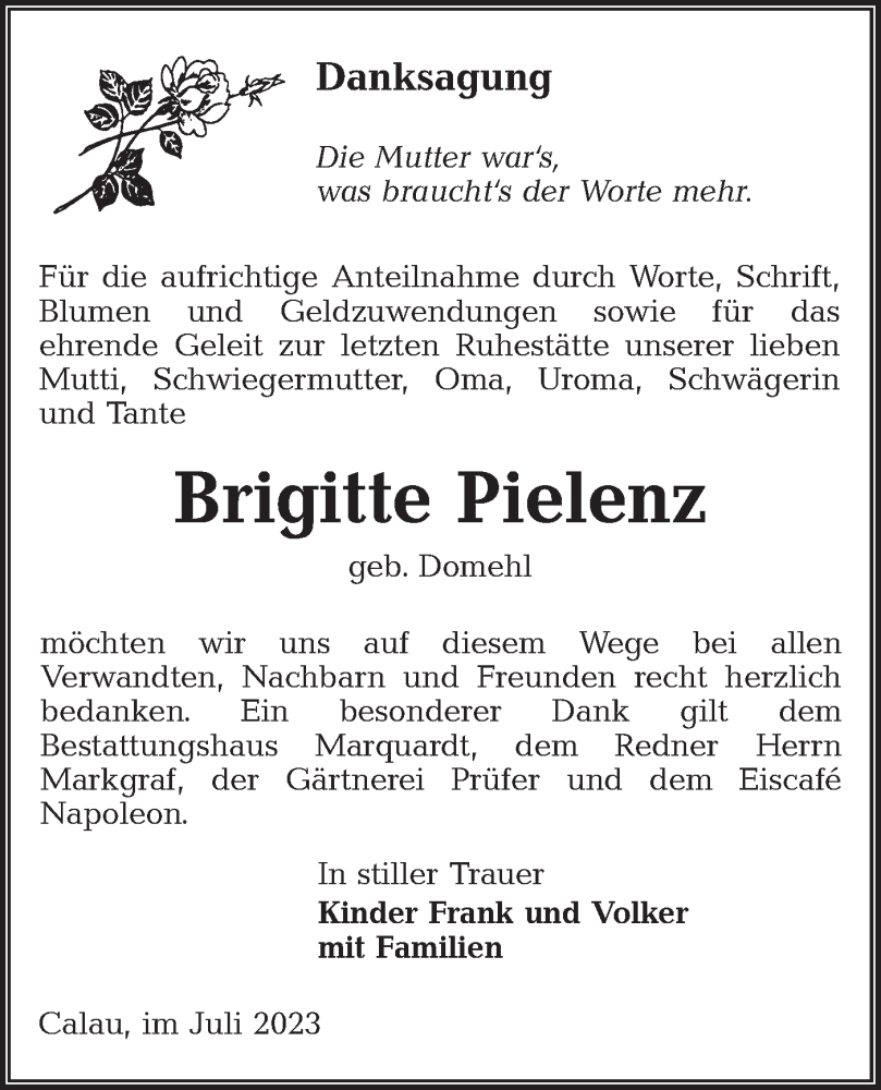  Traueranzeige für Brigitte Pielenz vom 01.07.2023 aus Lausitzer Rundschau