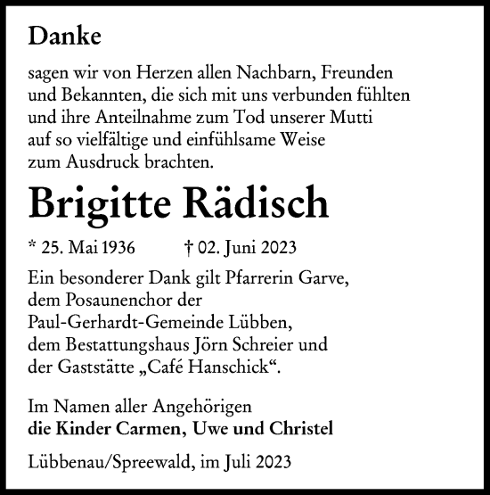 Traueranzeige von Brigitte Rädisch von Lausitzer Rundschau