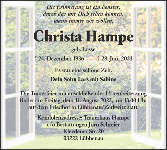 Traueranzeige von Christa Hampe von Lausitzer Rundschau