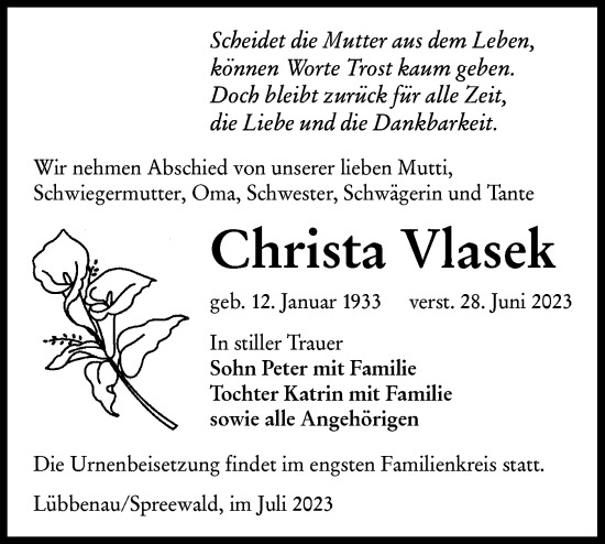 Traueranzeige von Christa Vlasek von Lausitzer Rundschau