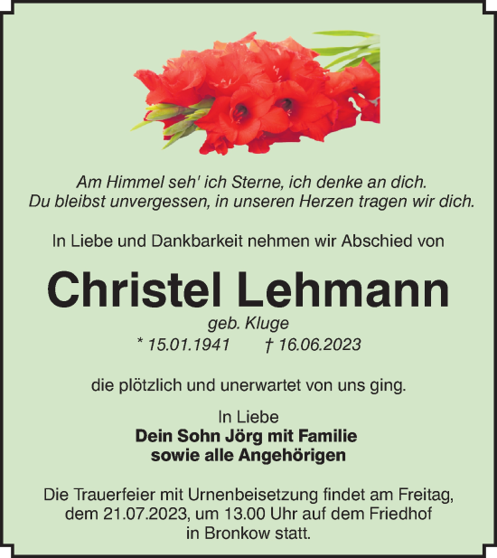 Traueranzeige von Christel Lehmann von Lausitzer Rundschau