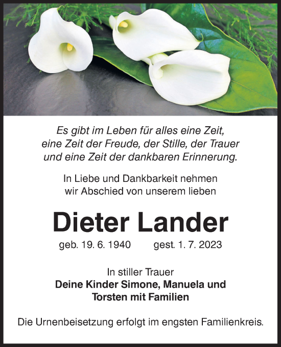 Traueranzeige von Dieter Lander von Lausitzer Rundschau