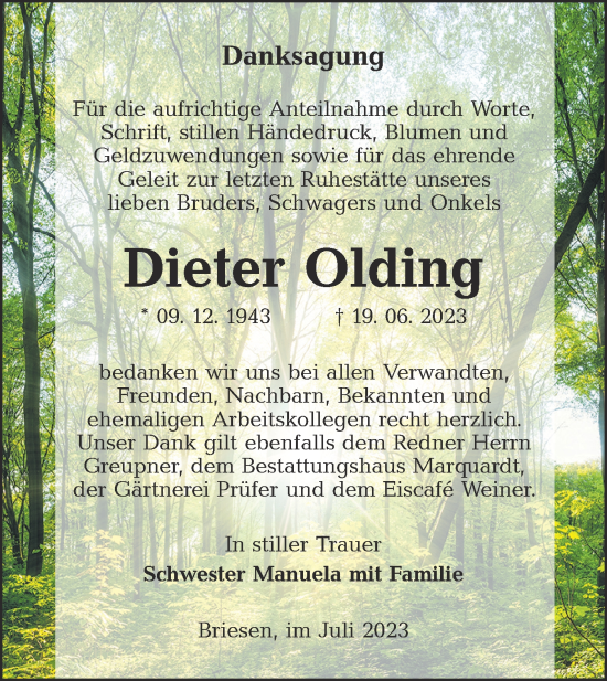 Traueranzeige von Dieter Olding von Lausitzer Rundschau