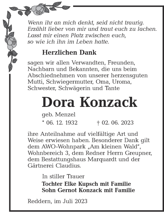 Traueranzeige von Dora Konzack von Lausitzer Rundschau