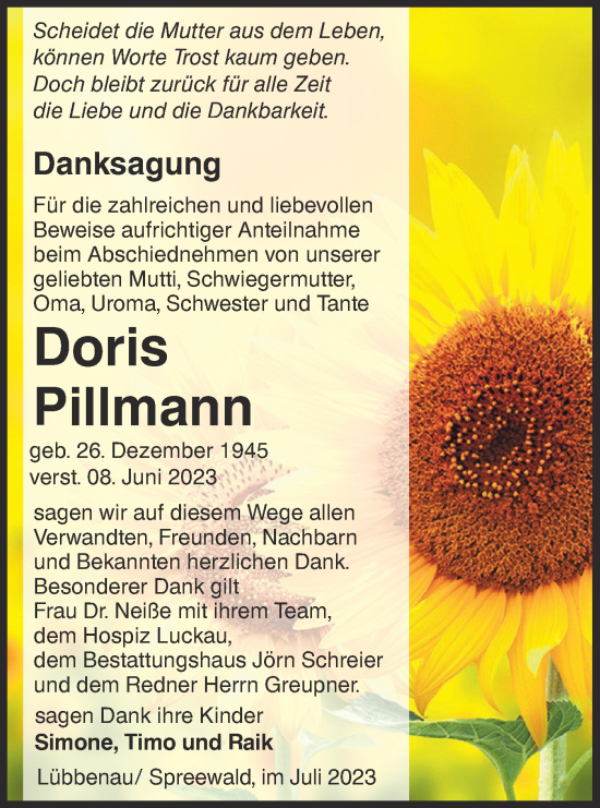 Traueranzeige von Doris Pillmann von Lausitzer Rundschau