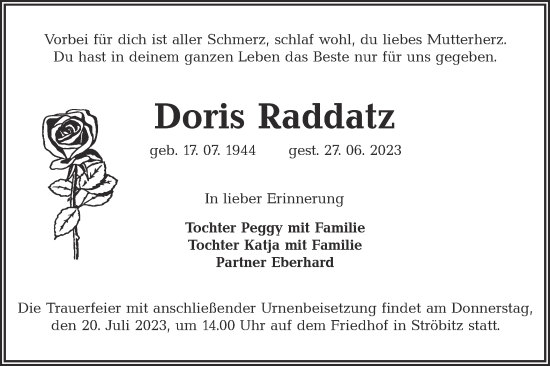 Traueranzeige von Doris Raddatz von Lausitzer Rundschau