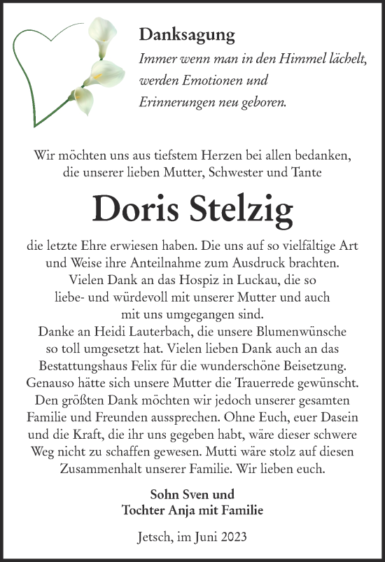 Traueranzeige von Doris Stelzig von Lausitzer Rundschau