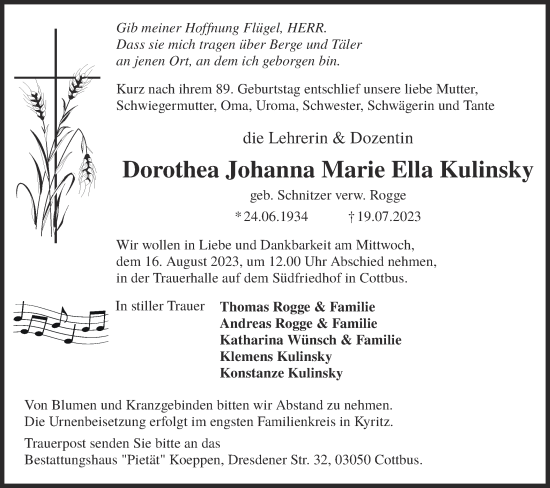 Traueranzeige von Dorothea Johanna Marie Ella Kulinsky von Lausitzer Rundschau