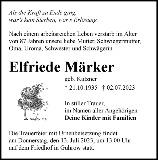 Traueranzeige von Elfriede Märker von Lausitzer Rundschau