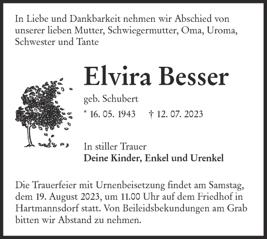 Traueranzeige von Elvira Besser von Lausitzer Rundschau