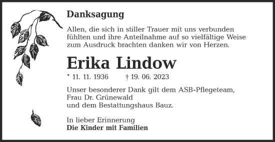 Traueranzeige von Erika Lindow von Lausitzer Rundschau