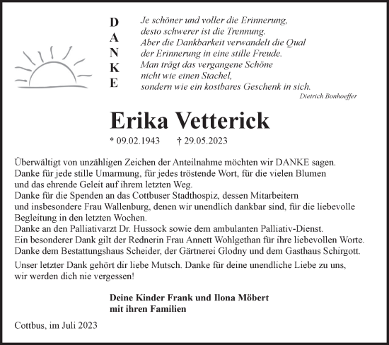 Traueranzeige von Erika Vetterick von Lausitzer Rundschau