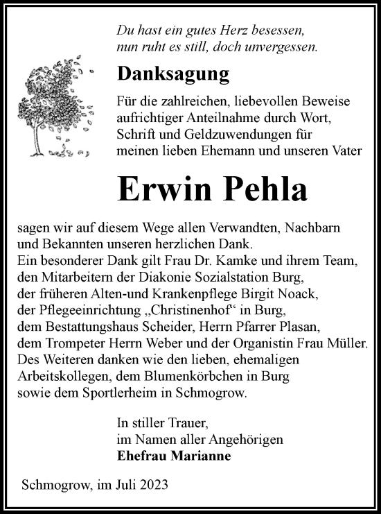 Traueranzeige von Erwin Pehla von Lausitzer Rundschau