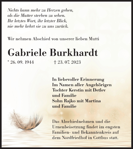 Traueranzeige von Gabriele Burkhardt von Lausitzer Rundschau