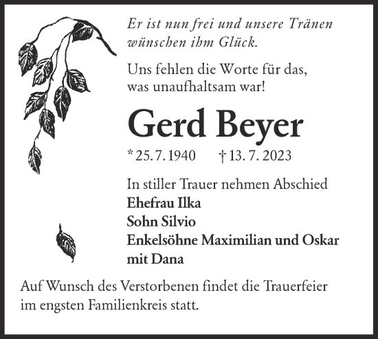 Traueranzeige von Gerd Beyer von Lausitzer Rundschau