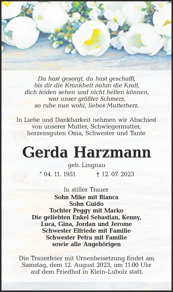  Traueranzeige für Gerda Harzmann vom 29.07.2023 aus Lausitzer Rundschau