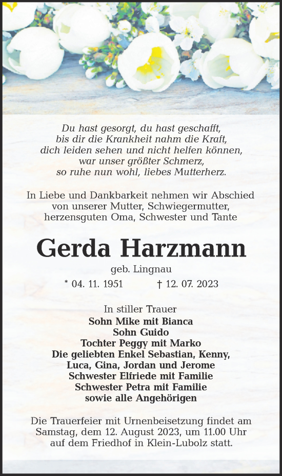 Traueranzeige von Gerda Harzmann von Lausitzer Rundschau