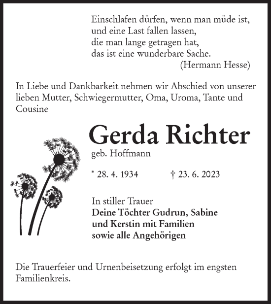 Traueranzeige von Gerda Richter von Lausitzer Rundschau