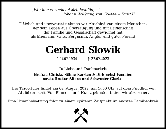 Traueranzeige von Gerhard Slowik von Lausitzer Rundschau