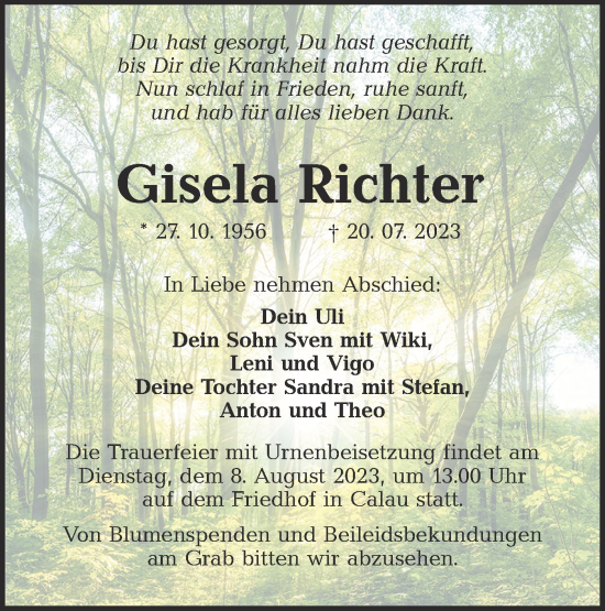 Traueranzeige von Gisela Richter von Lausitzer Rundschau