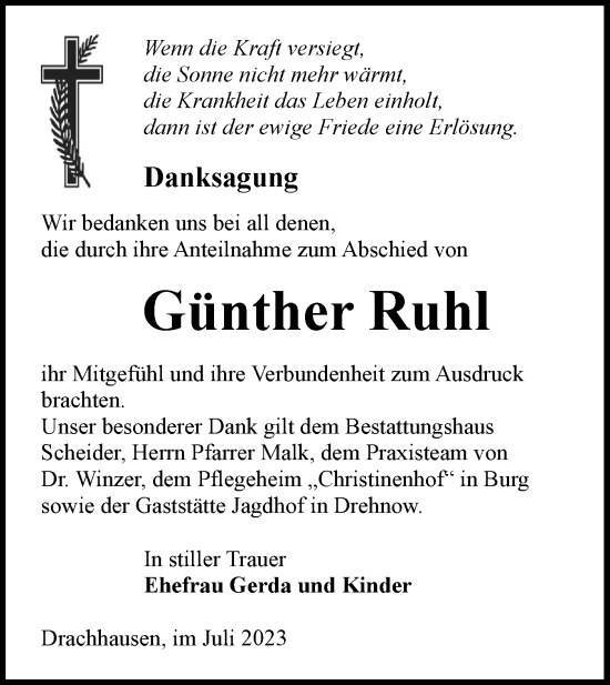 Traueranzeige von Günther Ruhl von Lausitzer Rundschau