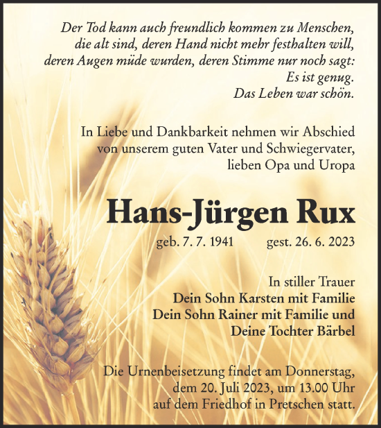 Traueranzeige von Hans-Jürgen Rux von Lausitzer Rundschau